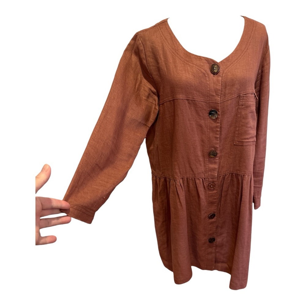 90s DAVID DART LINEN RUSETTE BROWN LONG SLEEVE BUTTON-DOWN OVERSIZED DRESS SZ M - Picture 3 of 6